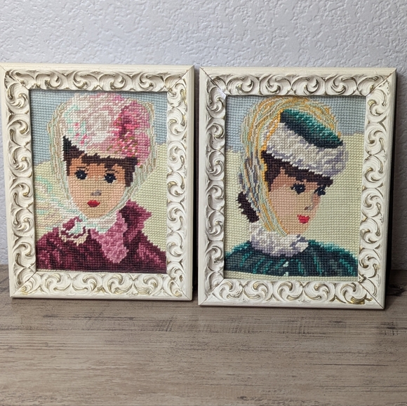 Vintage Needlepoint Pair Set Framed Art Huldah Style Parisian Women With Bonnets - Picture 1 of 12
